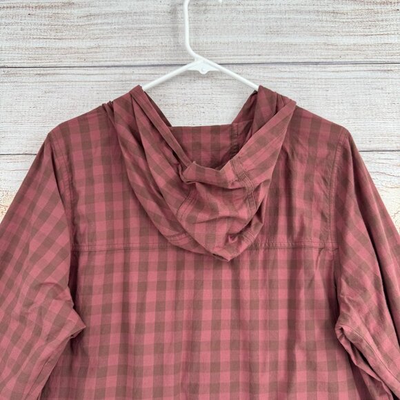 prAna Snap Down Hooded Long Sleeve Shirt‎ Women's Size M Red/Brown Checkered - Picture 4 of 13